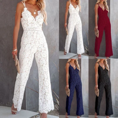 Damen Elegant Jumpsuit Spitze Einteiler Overall Sommer Hosenanzug Romper Party . - Bild 1 von 4