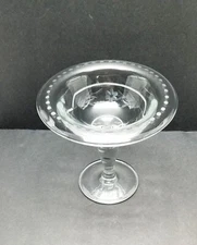 Vintage Clear Etched Glass Pedestal Compote Bowl With Floral & Polka Dot Design