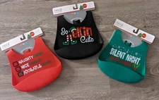 New Lot of 3 Christmas Silicone Bibs Silent Night/So Elfin Cute/Naughty or Nice