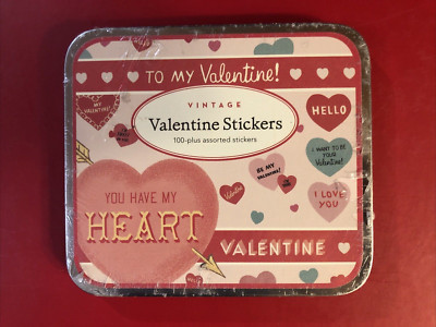 New Cavallini & Co. Vintage Valentine Stickers 100 Plus Assorted Metal Tin
