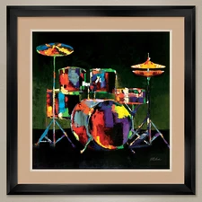 32W"x32H" DRUM SET by JOHN MILAN - MUSIC INSTRUMENTS DOUBLE MATTE, GLASS & FRAME