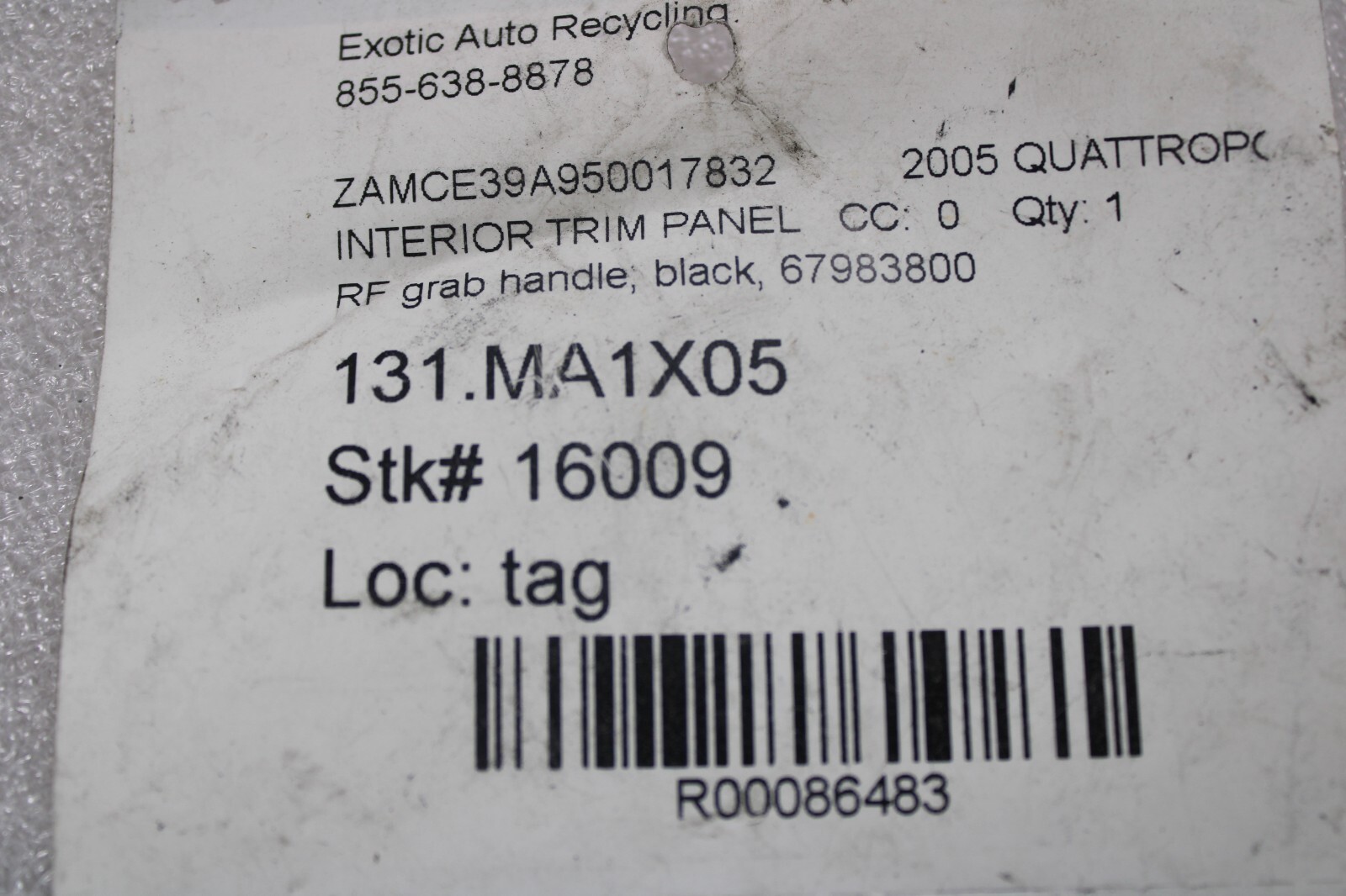 Maserati Quattroporte, RH, Right, Front Grab Handle, Blk, Used, P/N 67983800