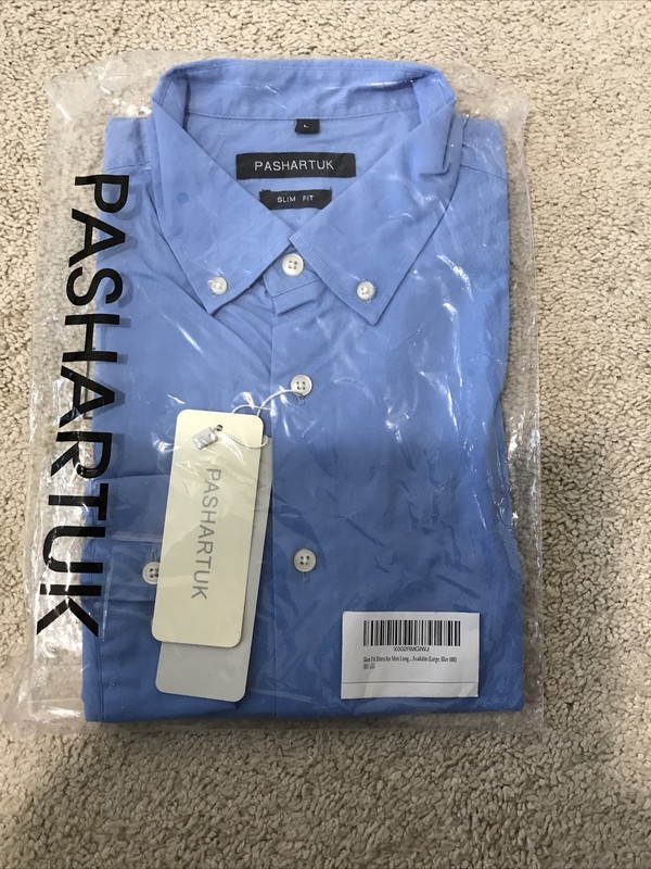 Pashartuk Mens Blue Slim Long Sleeve Fit Button Down Shirt L