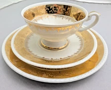 RARE Rudolf Wachter RW Bavaria Tea Cup Saucer Plate Trio Gold White Floral