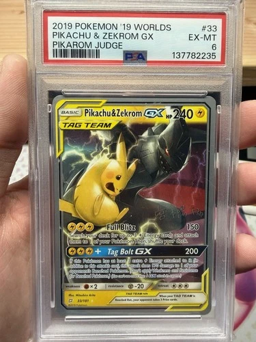 PSA 6 Pikachu Zekrom GX Pokémon 2019 Worlds Pikarom Judge #33-Clean Regrade?