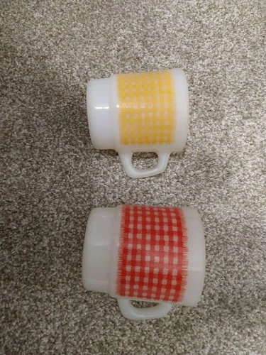 Vintage 2 Anchor Hocking Fire King Gingham Plaid Stackable Mugs Cups Milk Glass