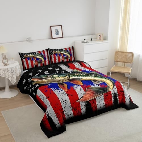 Bass Fish Comforter Sets Size for Boys Kids Teens,American Flag Fish Full Red - Picture 3 of 8
