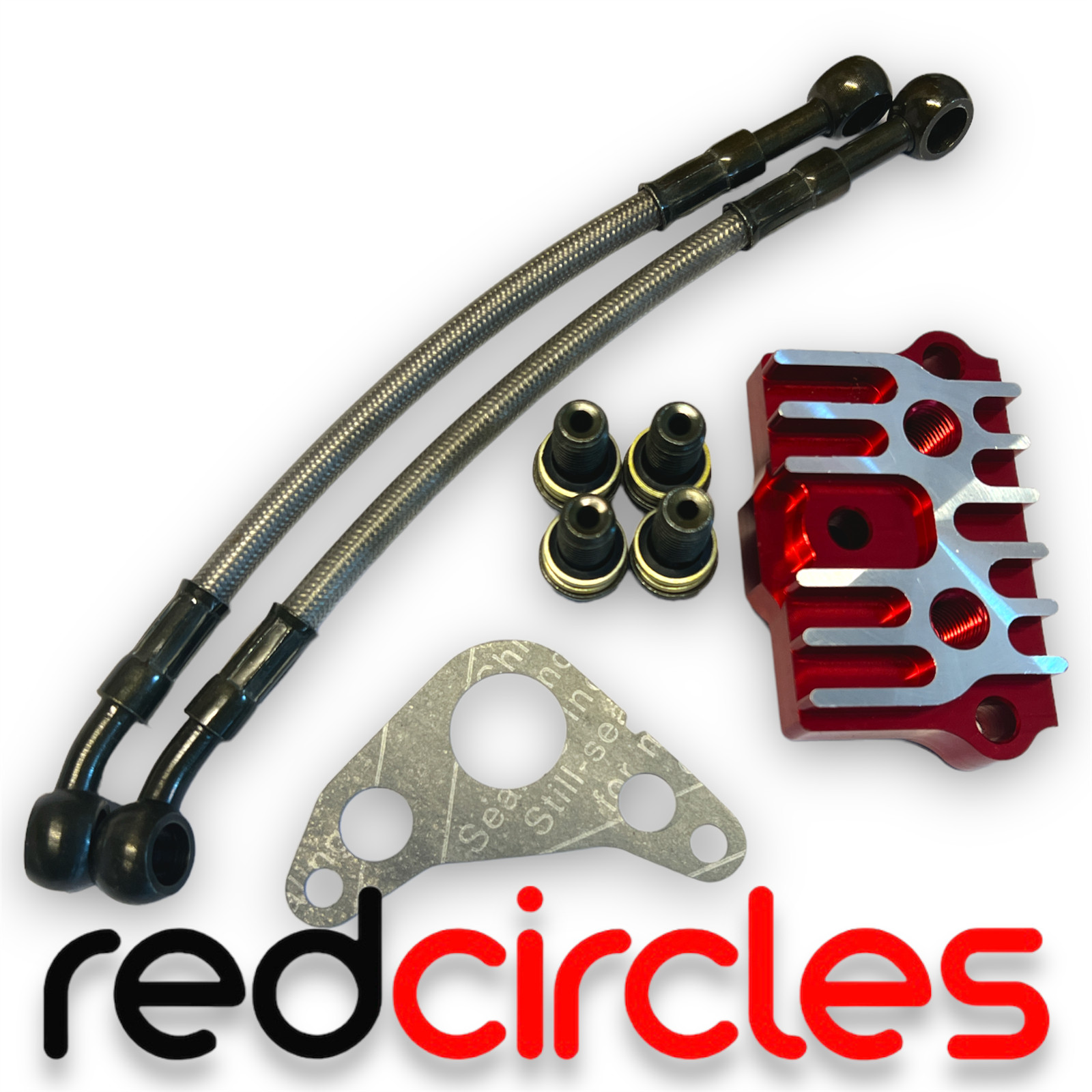 RED PIT BIKE CNC OIL COOLER TAKE OFF PLATE AND SHORT 10mm HOSES fits YX140
