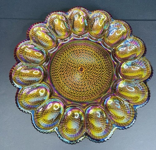 Vtg Indiana Glass Deviled Egg Relish Plate Depression Marigold Carnival Hobnail