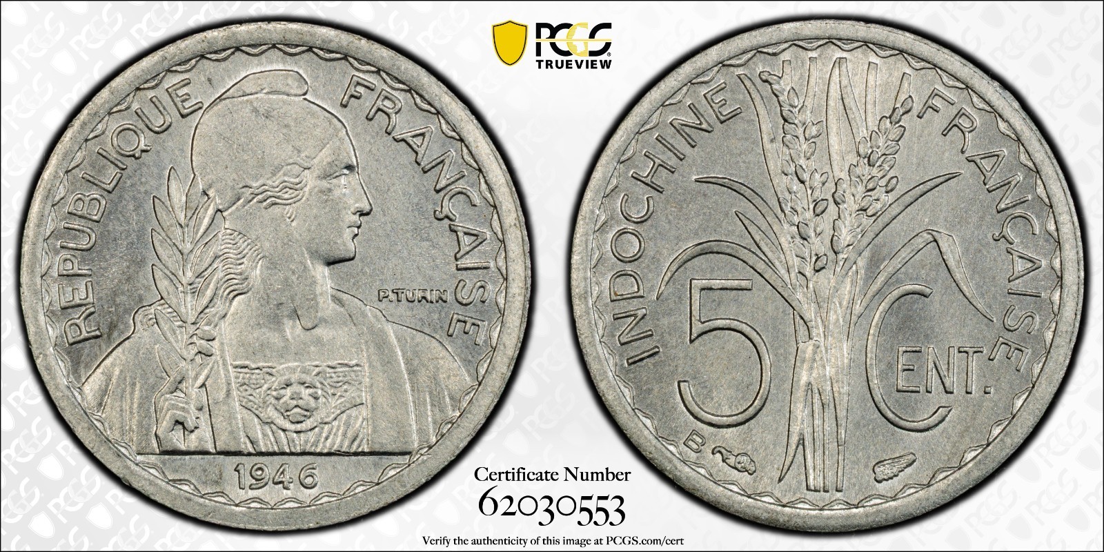 French Indochina 5 Cents 1946B PCGS MS 65