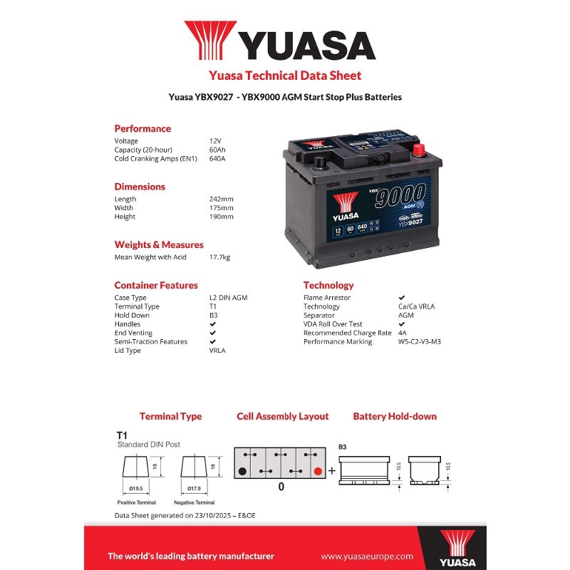 Nissan Juke F15 14-19 AGM Start Stop Battery Yuasa YBX9027 027 1.2 DIG-T 1.5 5Yr