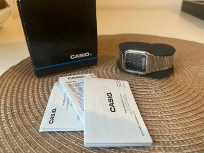 Casio Vintage Silver Resin Case, Silver Stainless Steel Band, Black Dial, Unisex