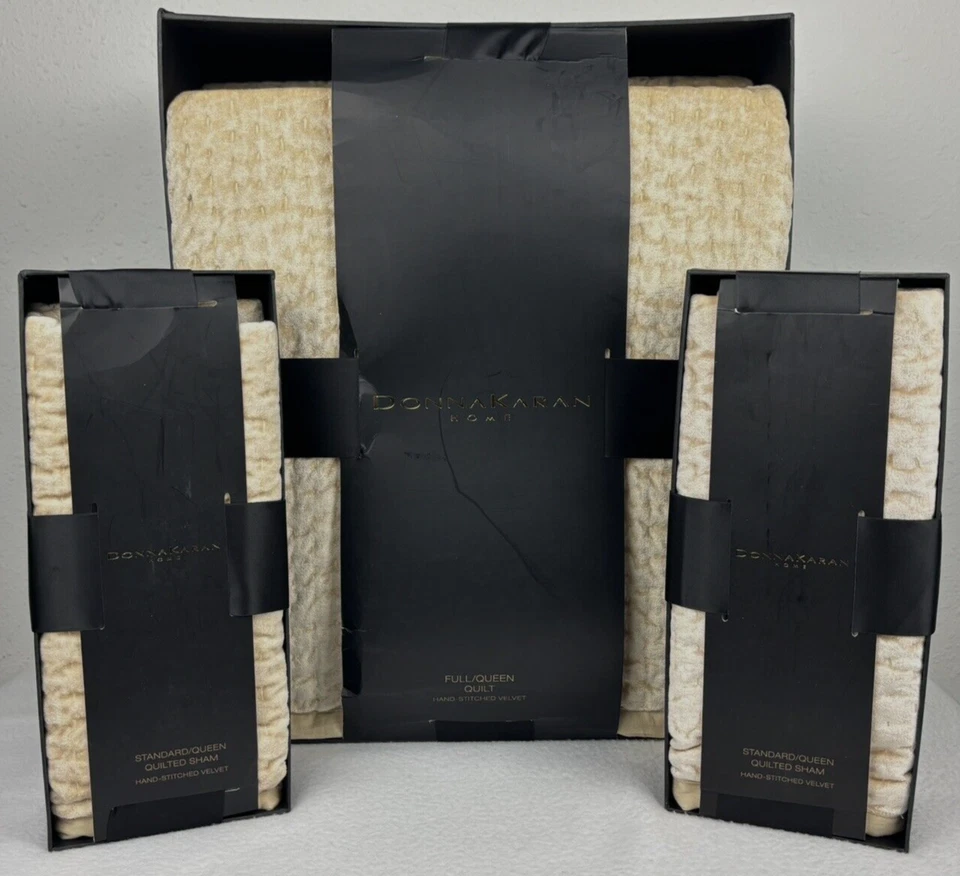 Donna Karan QUEEN Velvet Quilt Set Gold Sateen Hand-Stitched Cotton Shams - Image 2 of 4