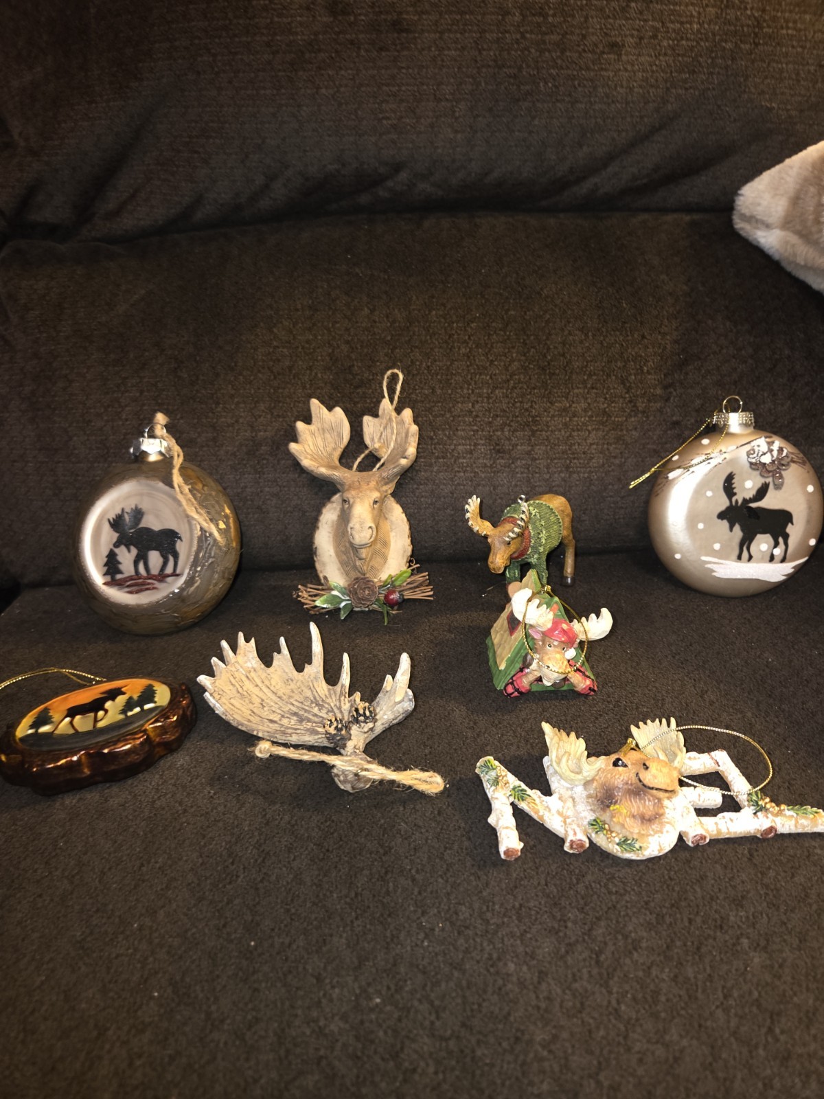 Moose Christmas Tree Wooden/Glass Ornaments Antlers 8 Pieces