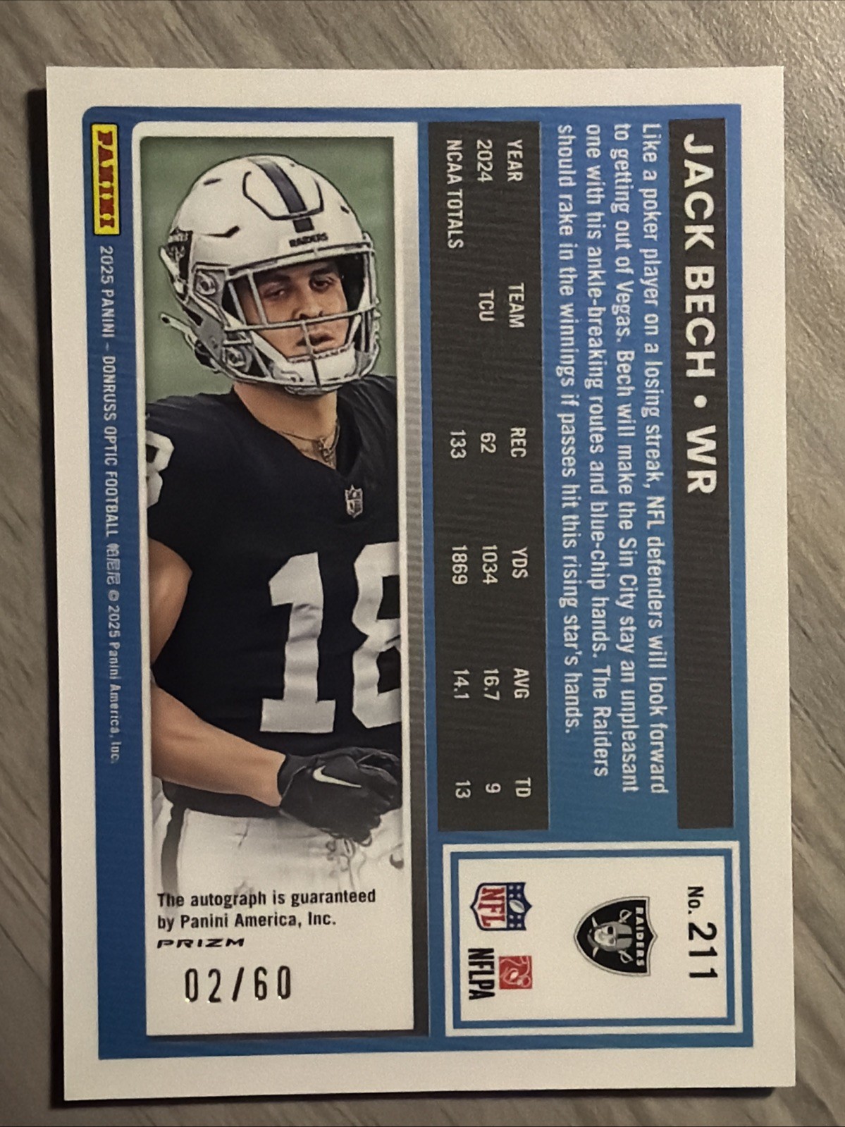 2025 Panini Optic Jack Bech Black Gold Prizm Auto Raiders Rookie /60 view 2