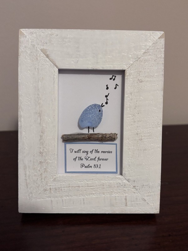 Handcrafted Sea Glass Light Blue Bird Art in White Wood Frame