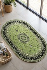 Oval Turkish Rug, Dark Sage Green, Floral Vintage, Antique Distressed, Bohemian