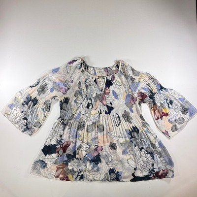 Spense Floral Pleated Blouse Womens XL Bell Sleeve Boho Cottagecore Babydoll