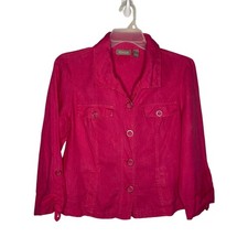 Chico's Women Pink 100 Linen Roll Tab Sleeve Button Front Shirt Jacket Sz 1