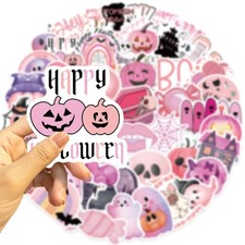 50PCS Pink Halloween Stickers   Ghost, Skull  Pumpkin Waterproof Fun Decals