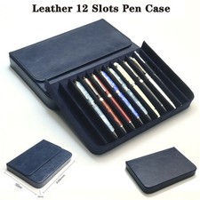 Leather 12 Slots Hard Fountain Pen Case Stationery Storage Box Organizer Blue