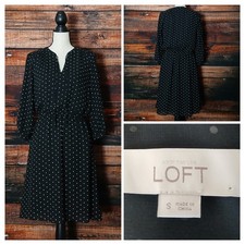 Ann Taylor LOFT Dress S Black White Polka Dot 3/4 Sleeve Elastic Waist Lined