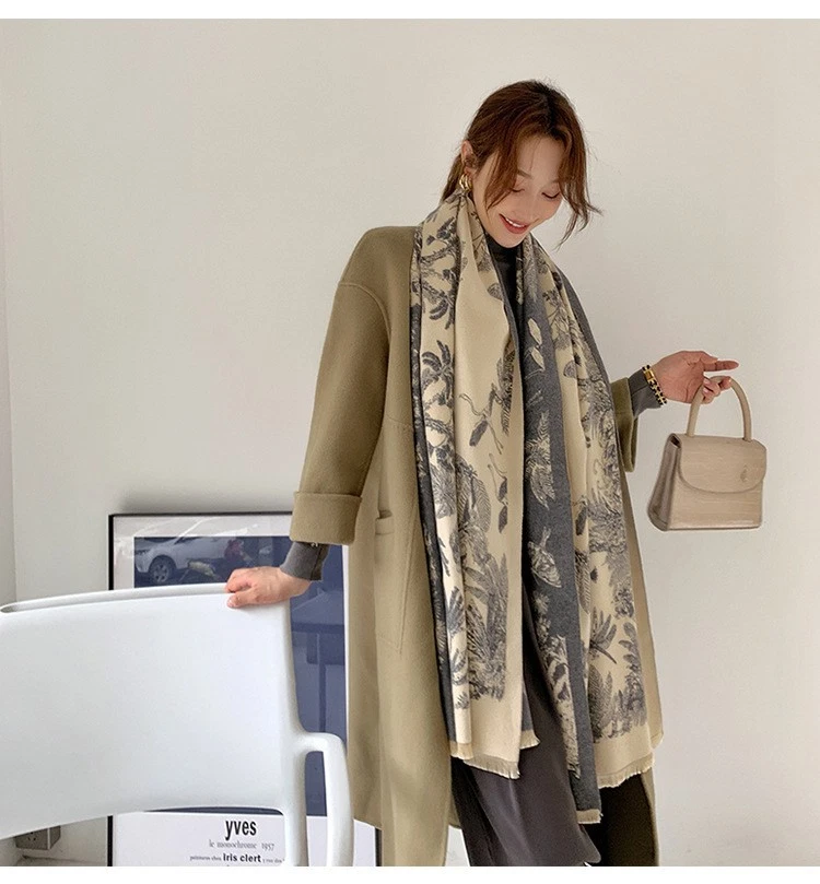 Neutral Toile De Jouy Print Scarf Shawl Wrap Winter Warm Long Reversible - Image 2 of 4