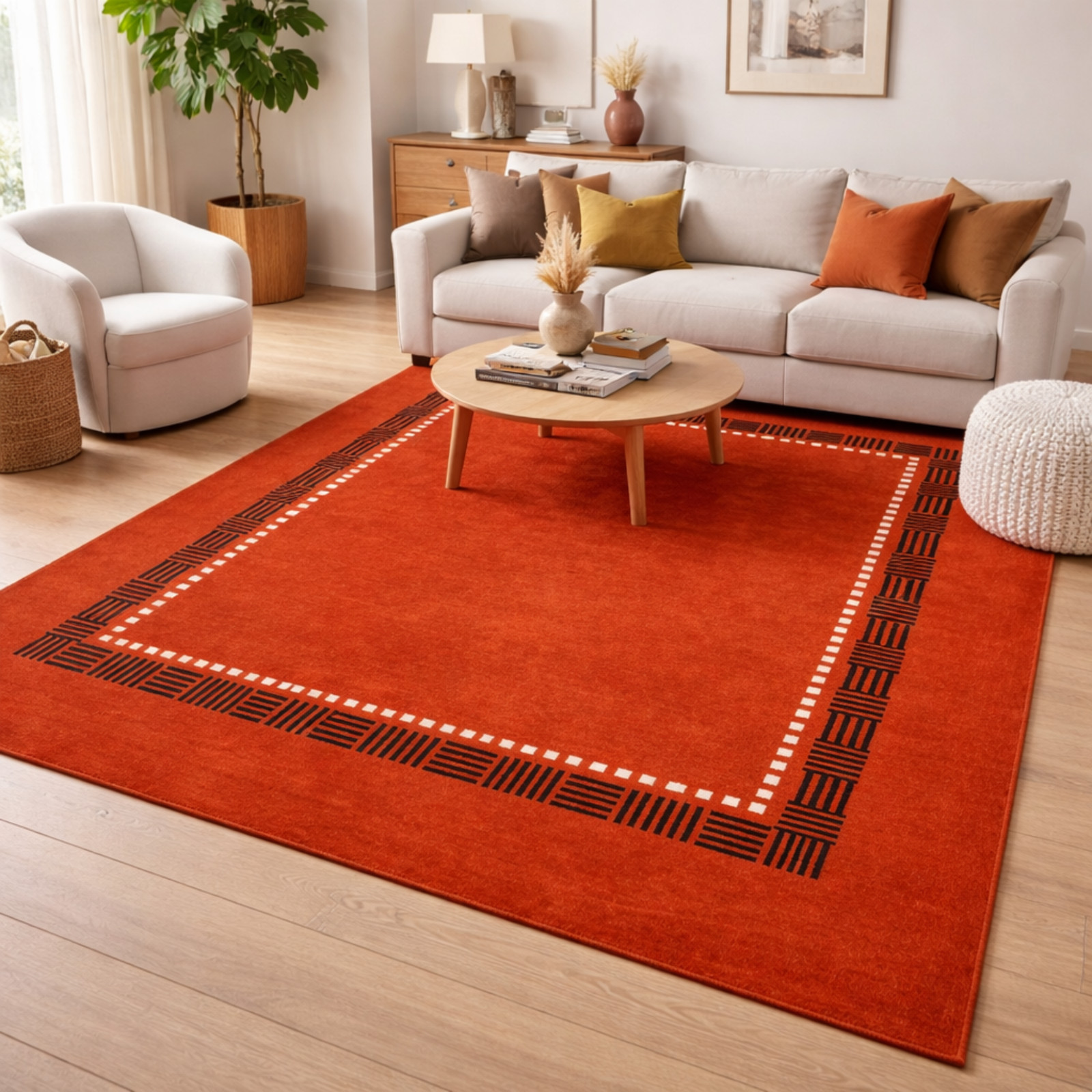 Hand Tufted NZ Wool Area Rug-Modern Geometric Border | Orange Living Room Carpet