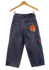 JNCO Jeans Boys 10 Black Denim 25" Waist Flaming Skull VTG Y2K Baggy Wide Leg