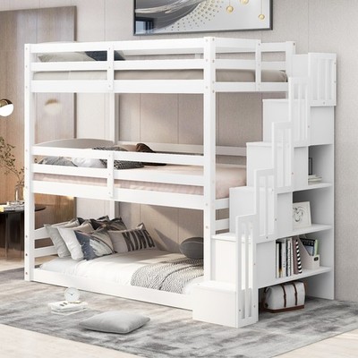 Twin Size Triple Bunk Bed with Storage Staircase,Separate Design,White