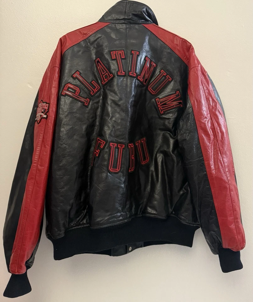 Vintage Platinum Fubu Leather Jacket Snap Buttons Red /Black Men’s Size 2XL - Image 2 of 4