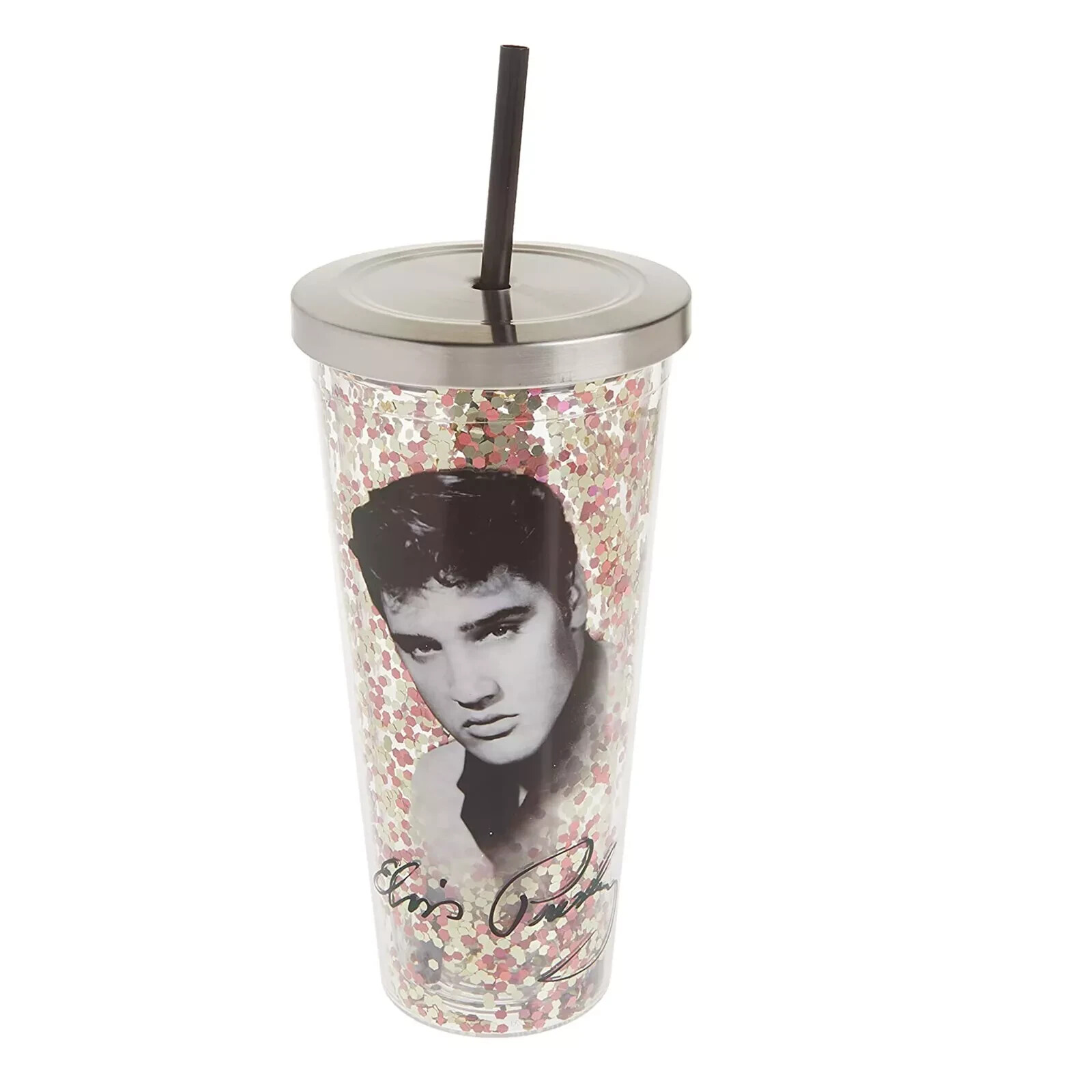 NWT Spoontiques Elvis Glitter Filled Acrylic Tumbler Glitter Cup W/Straw 20oz