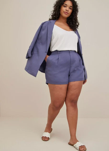 Torrid Studio Linen Shorts Blue High Waist Pleated Pockets 5" Inseam Size 22