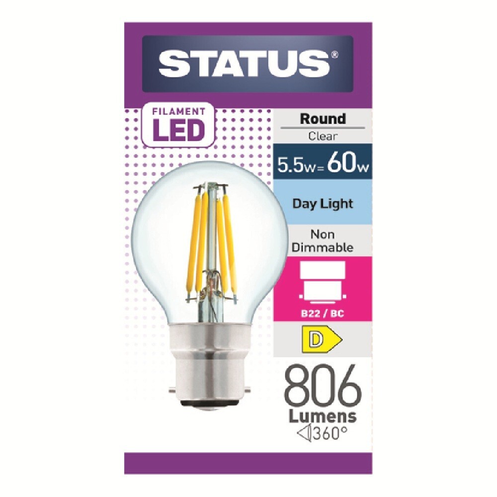 Status 5.5w (=60w) BC Round Filament Daylight LED Light Bulb