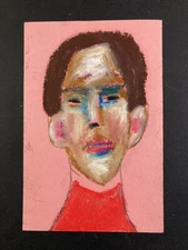 Portrait Painting Naive Outsider 4x6 Wall Art Expressive Man Oil Pastels