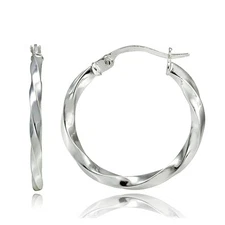 Sterling Silver 2mm Twist Round Hoop Earrings, 25mm