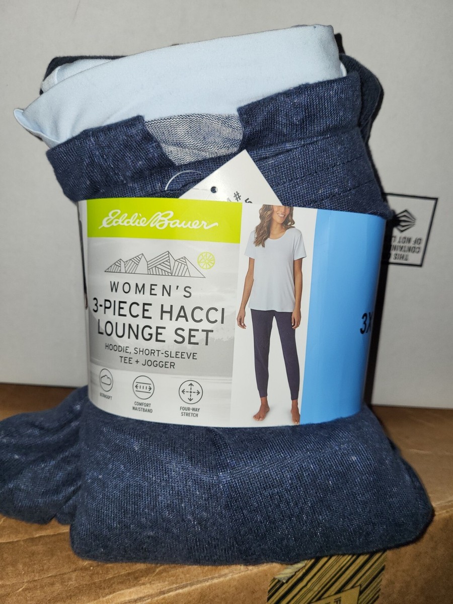 Eddie Bauer 3-Pc Hacci Lounge Set Hoodie, Short-Sleeve Tee+Jogger