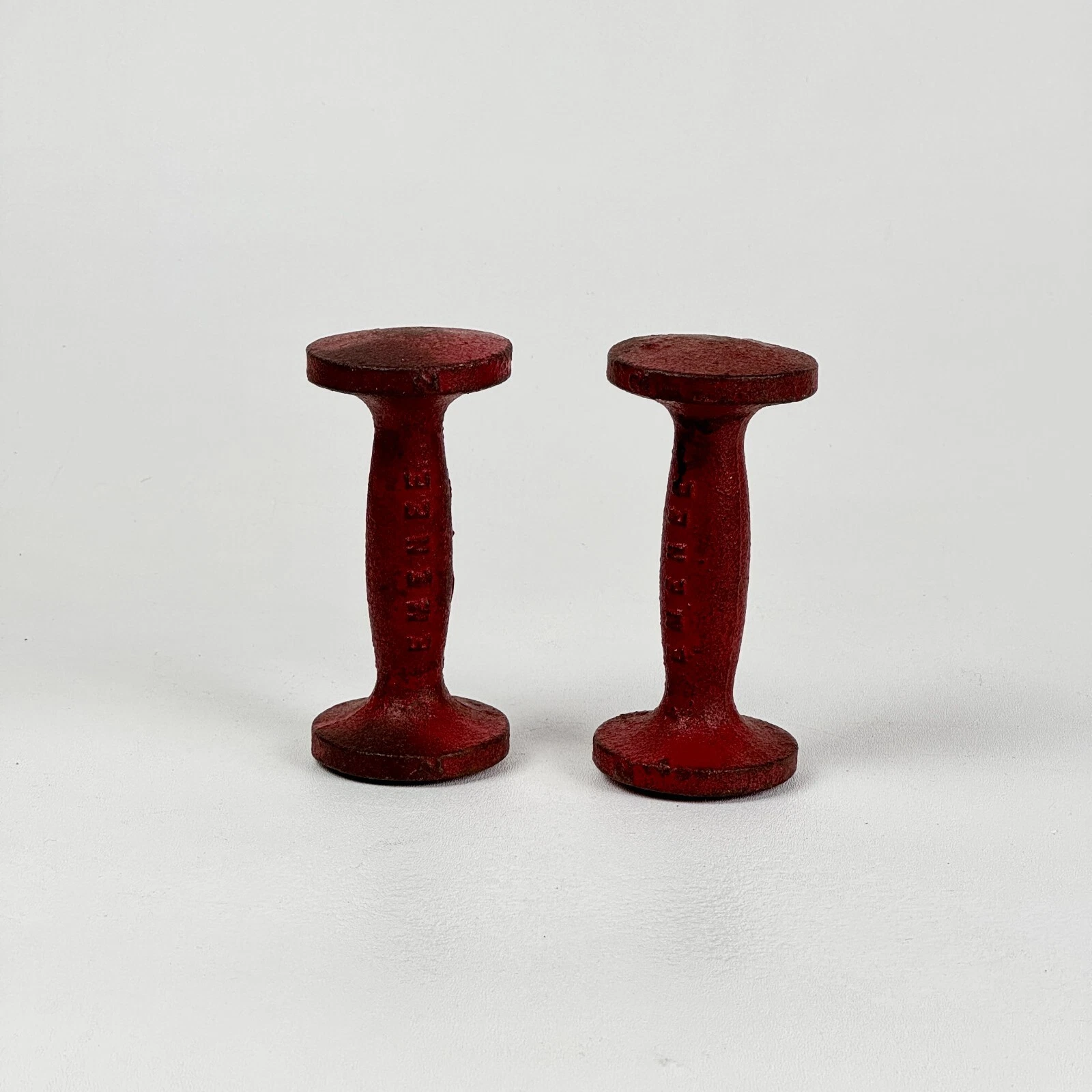 Vintage Pair of Red 2 Lb Cast Iron Dumbbells by Emenee, Man Cave Decor, Mid 20th