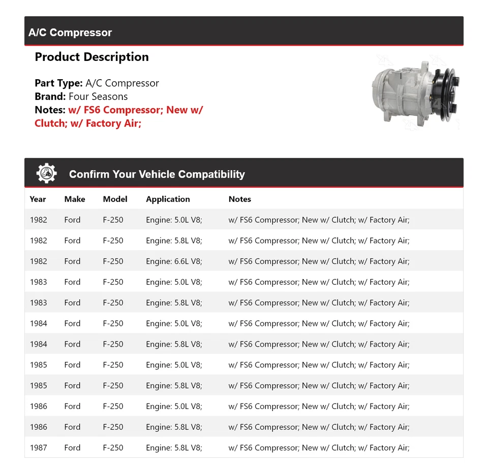 Compresor de aire acondicionado para Ford F-250 1982-1987 4 estaciones 1983 1984 1985 1986 Foto 2 de 4