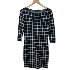 Lauren Ralph Lauren Womens Black White Check 3/4 Sleeve Sweater Dress M Petite