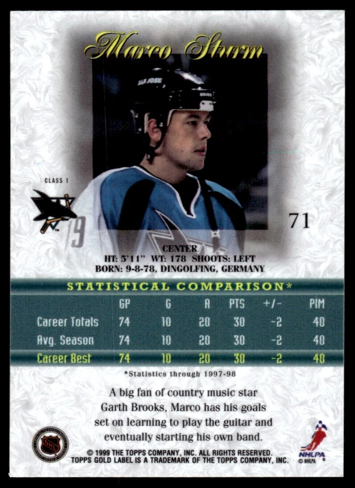 1998-99 Topps Gold Label BLACK Marco Sturm San Jose Sharks #71 - Image 2 of 2