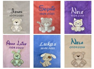 KIDDI-MEDIA Babydecke Name bestickt mit Datum Kuscheldecke Bettdecke Kinderdecke Überwurf