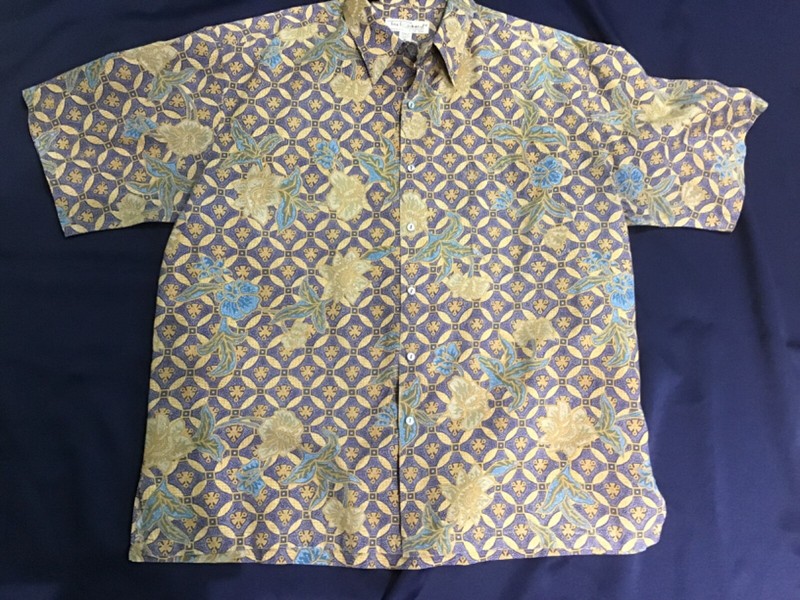 TORI RICHARD men XL cotton lawn INDIAN PRINT short sleeve SHIRT navy gold green