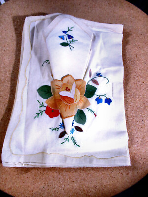 6 Vtg Pocket Placemats w Napkins Yellow Rose & Border Handmade Never-Used