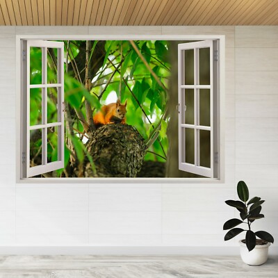 Eichhörnchen Rothaariges Tier auf Baum 3D Fenster Ansicht Wandaufkleber Poster Aufkleber A146