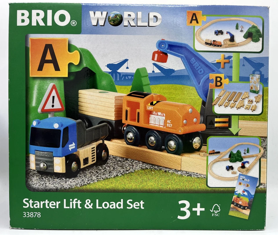 Brio® 33878 | Starter Lift & Load Set 19-teilig | Ladekran Holzeisenbahn ab 3 J.