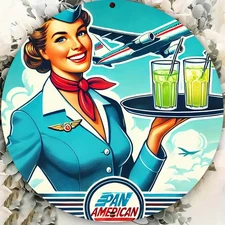 Vintage Pan American Airways Metal Wall Art - 7.8 Round Aluminum Sign with Retro