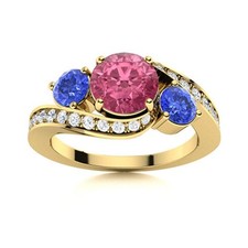 Round Pink Topaz  Tanzanite 925 Sterling Silver Gold Plated Three Stone Ring