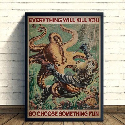 Scuba Diving Poster   Octopus Attack Illustration, Ocean Adventure Wall Art