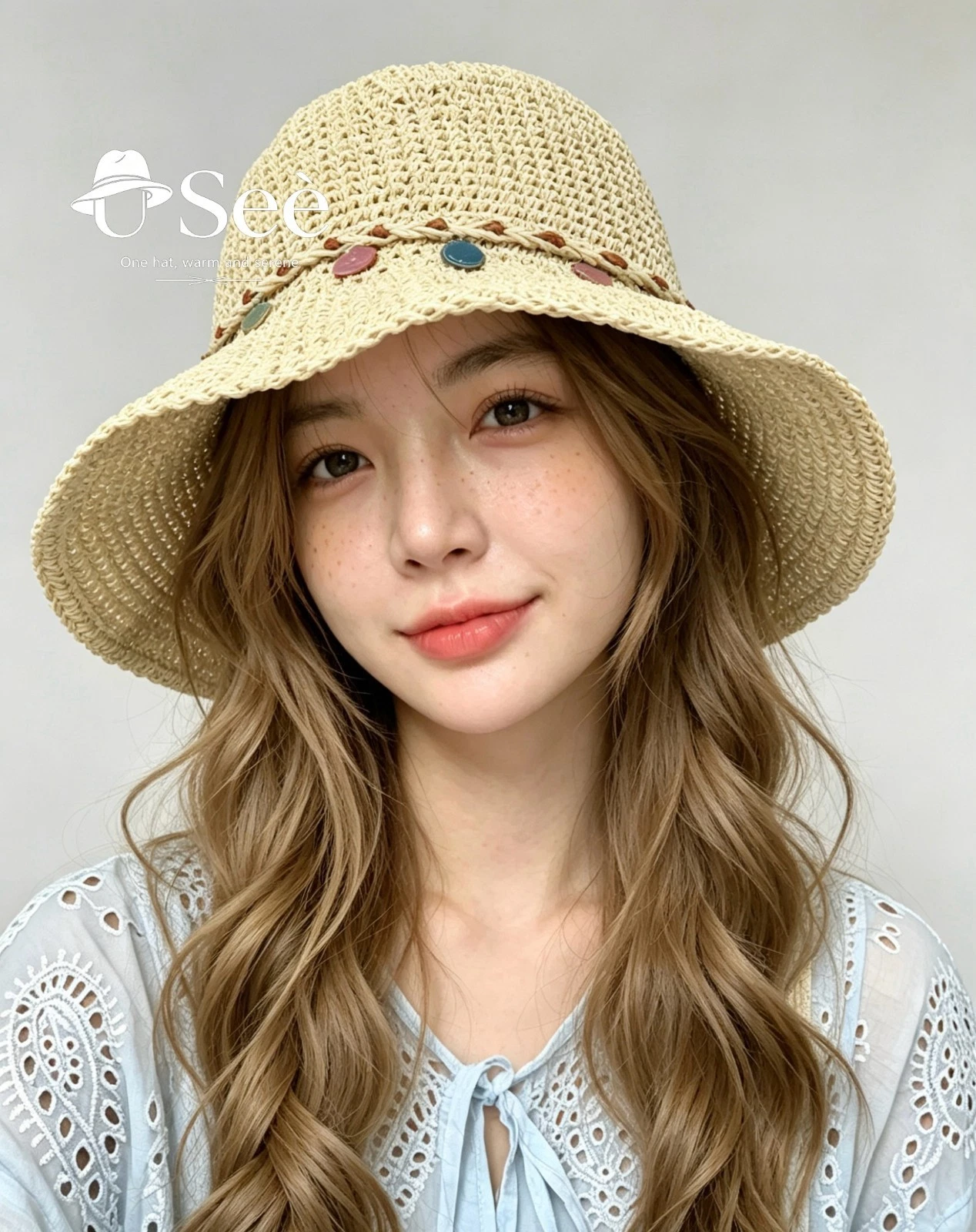 Women Hollow Crochet Straw Sun Hat Wide Brim Color Bead Decor UV Protection Summ